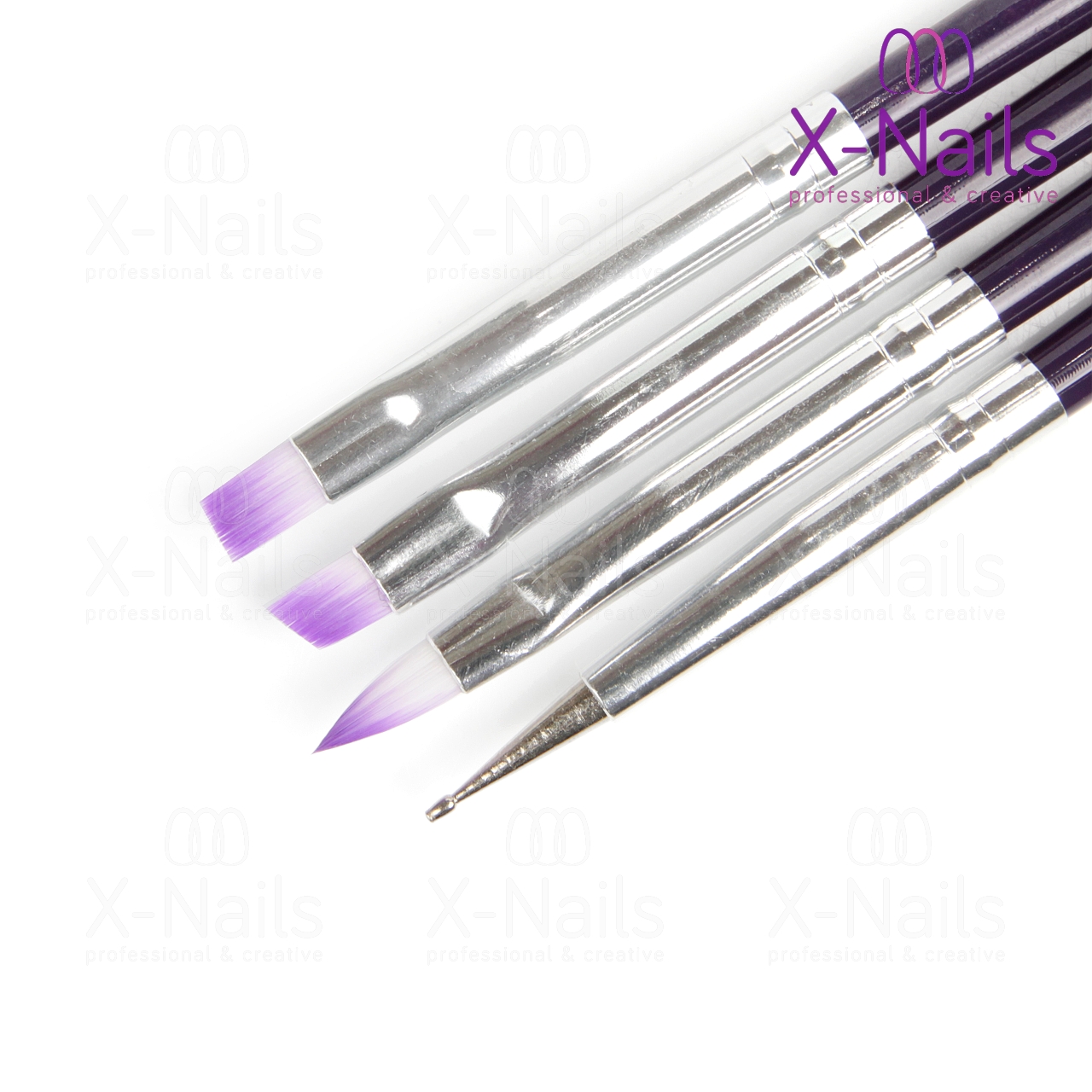 X-NAILS sada štětců na UV gel a zdobení nehtů se sondou na nehty, 4 ks- FIALOVÁ Zdobící štětce na nehty pro luxusní nail art