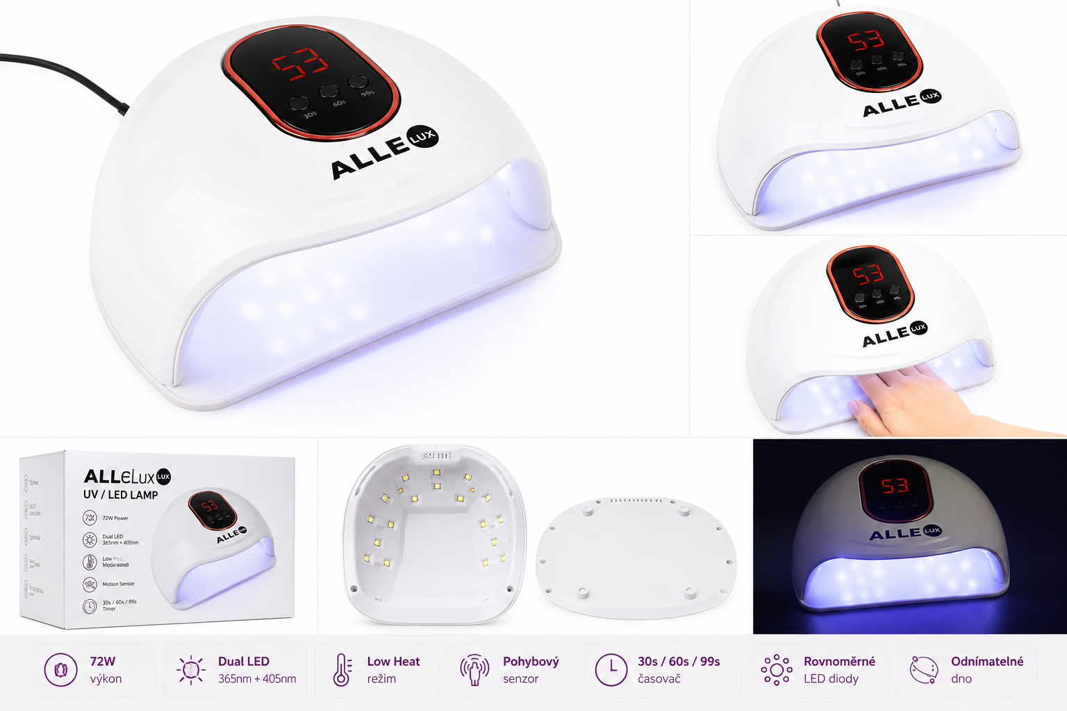 UV LED lampa na nehty 72W AlleLux T15 Lux pro gel lak, UV gel a polygel