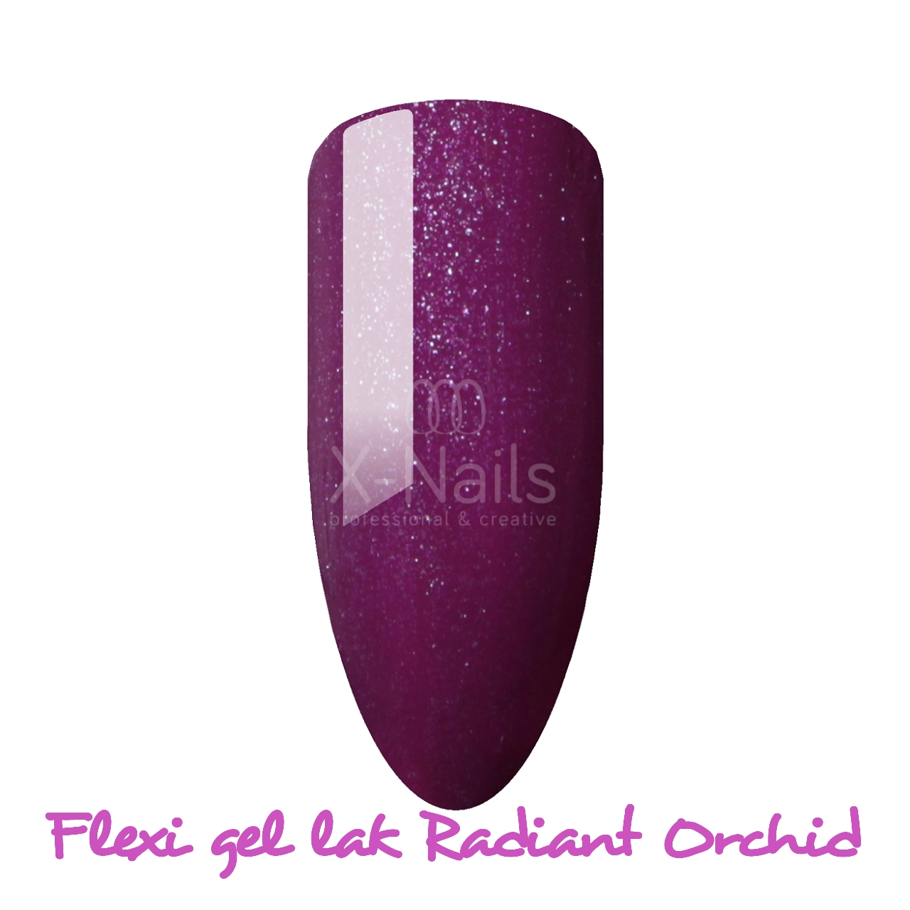 X-NAILS Fialový gel lak na nehty se třpytkami, lila gellak, gelový lak radiant orchid fialový flexi line