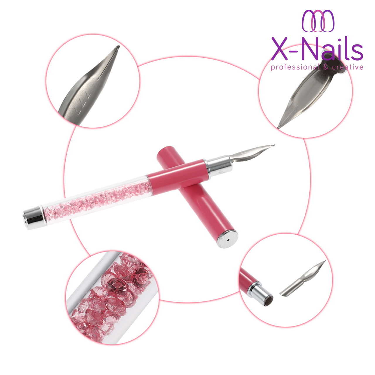 X-NAILS profesionální zdobící pero na nehty s kamínky - STYLOGRAF BÍLÝ