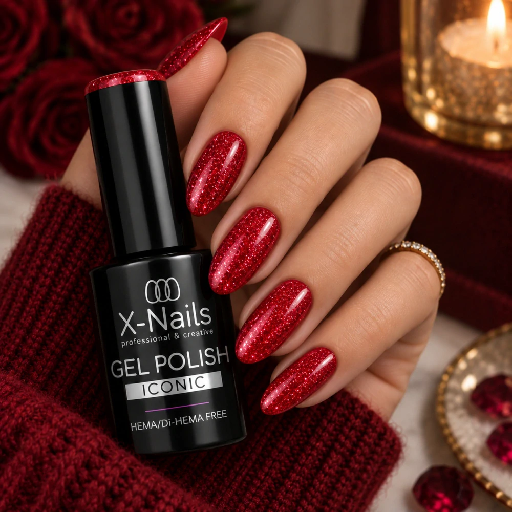 Gel lak Iconic Garnet Glow 5 g – třpytivě červený, HEMA & Di-HEMA Free