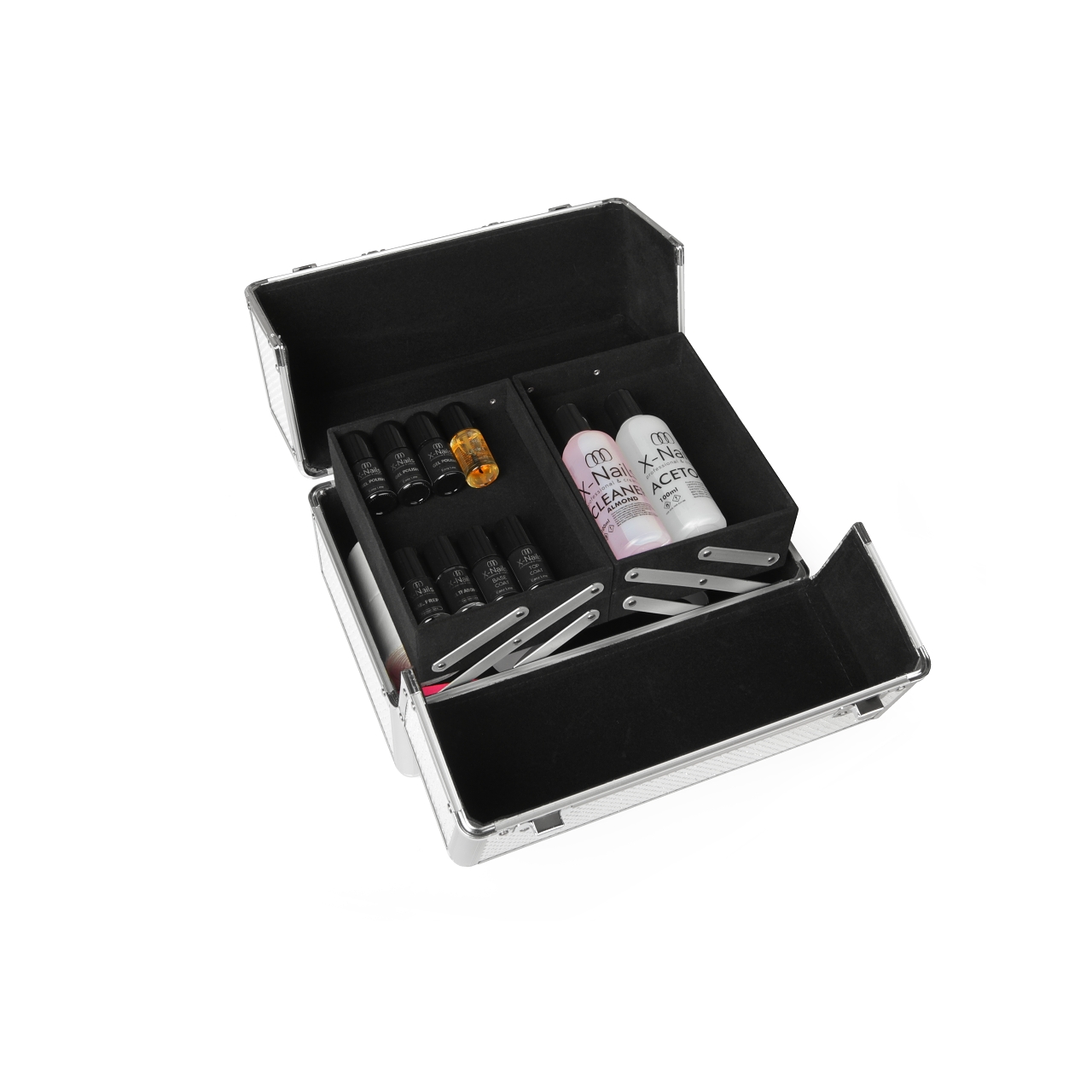 Startovací sada na gel lak – sada na gelové nehty s lampou 256W a luxusním kufříkem LUXURY CASE (ultra výkonná lampa, elegantní stříbrný kufřík se zirkony)