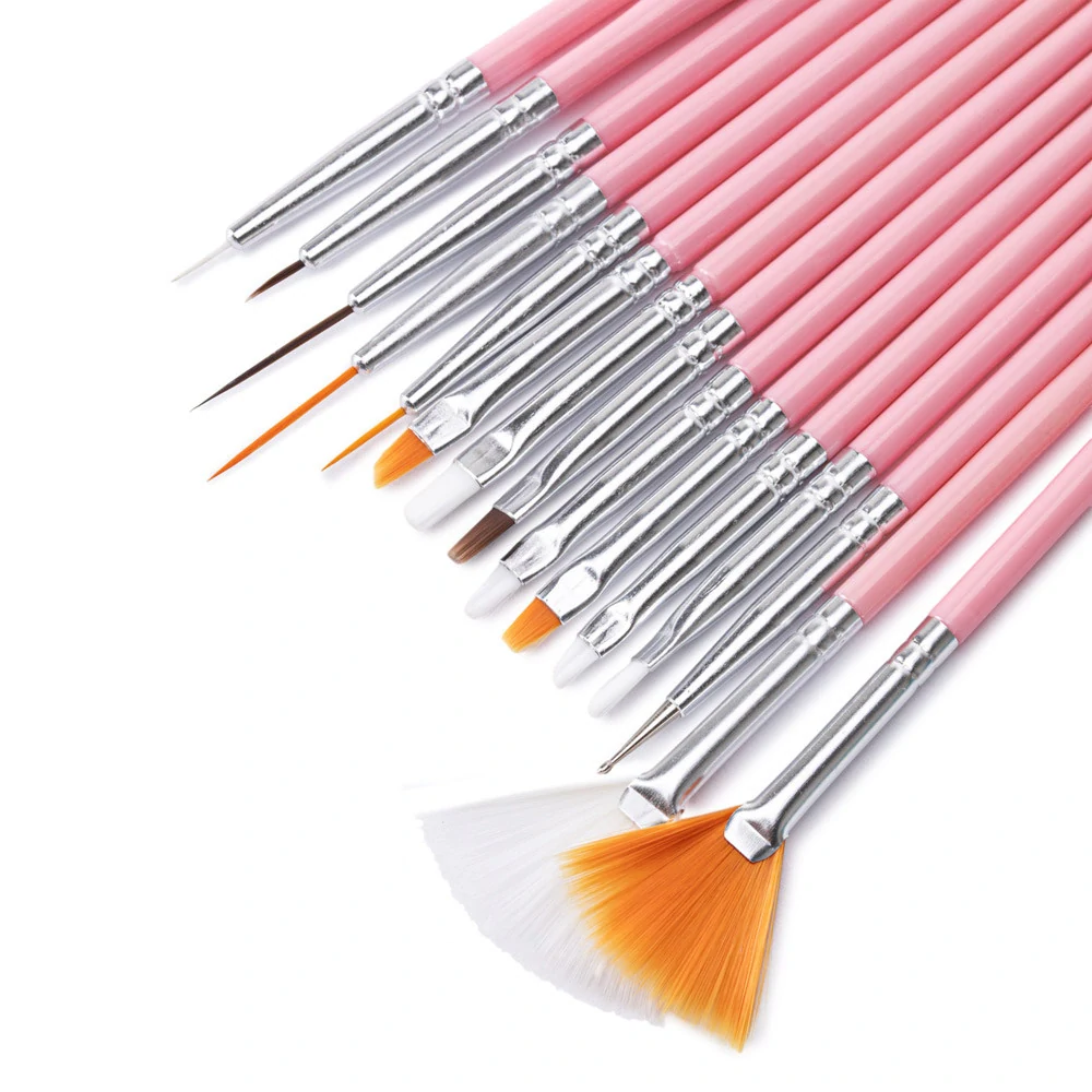 Sada zdobicích štětců Prestige line na gelové i akrylové nehty, 15 kusů - PINK