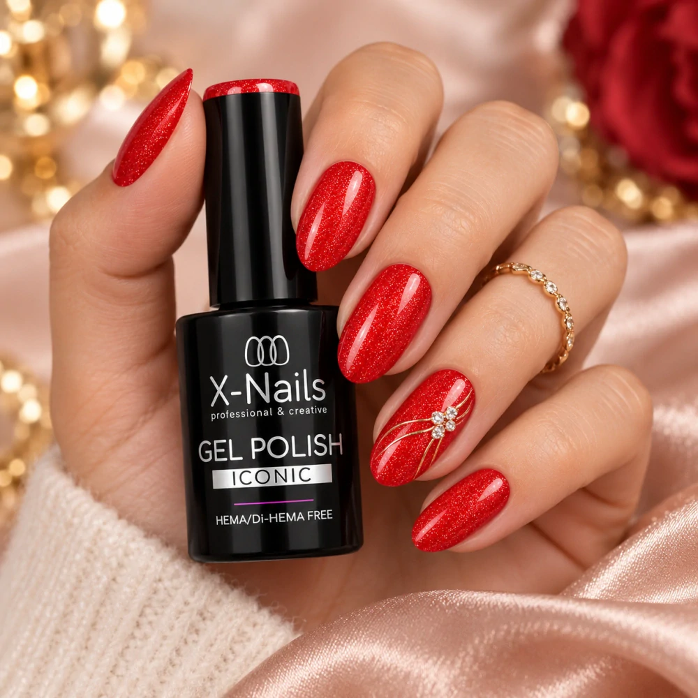 Gel lak Iconic Crimson Spark 5 g – třpytivě červený, HEMA & Di-HEMA Free