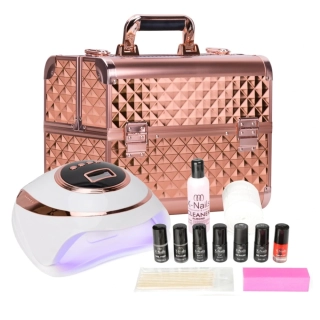 Startovací sada na gel lak – sada na gelové nehty s lampou 220W a luxusním kufříkem LUXURY CASE ROSE (výkonná lampa, úchvatný zlatorůžový kufřík) + OLEJÍČEK ZDARMA