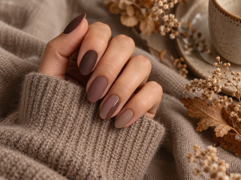 Matné velour podzimní nehty – sametový efekt v hnědých a taupe odstínech