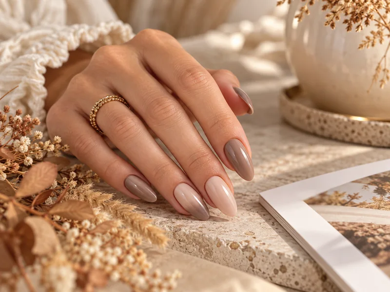 Nude a taupe podzimní nehty s jemným ombré efektem v béžových odstínech